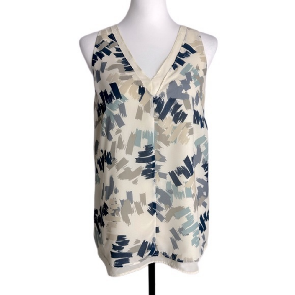Banana Republic Abstract Brushstroke Print V-Neck Cutout Top Cream Women Medium